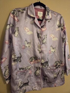 NICK & NORA Lavender Satin Playful Cat & Kitten 2 Piece Pajama Set Girls 10/12